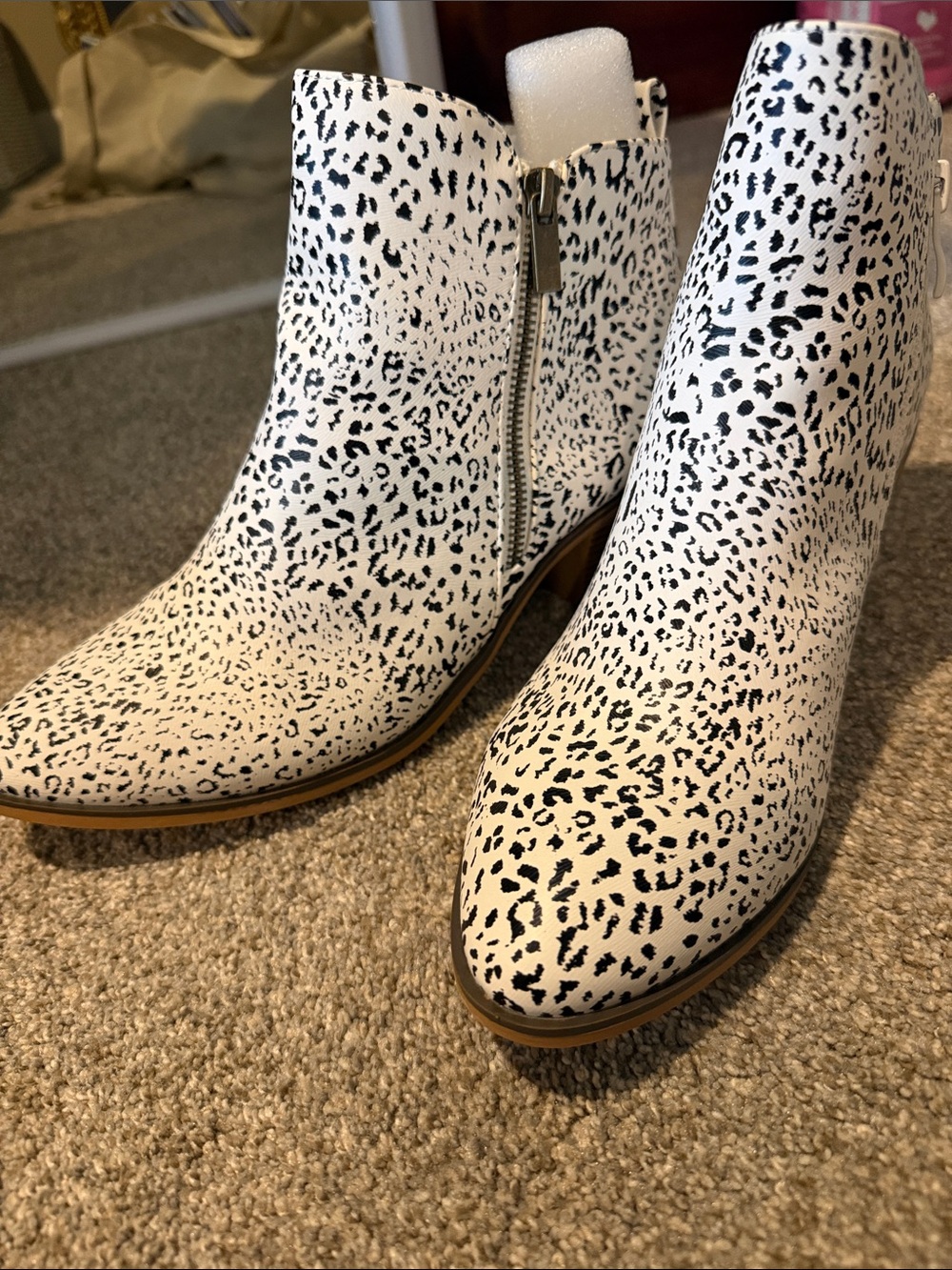 Women's White and Black Spotted Ankle Boots - Side Zip